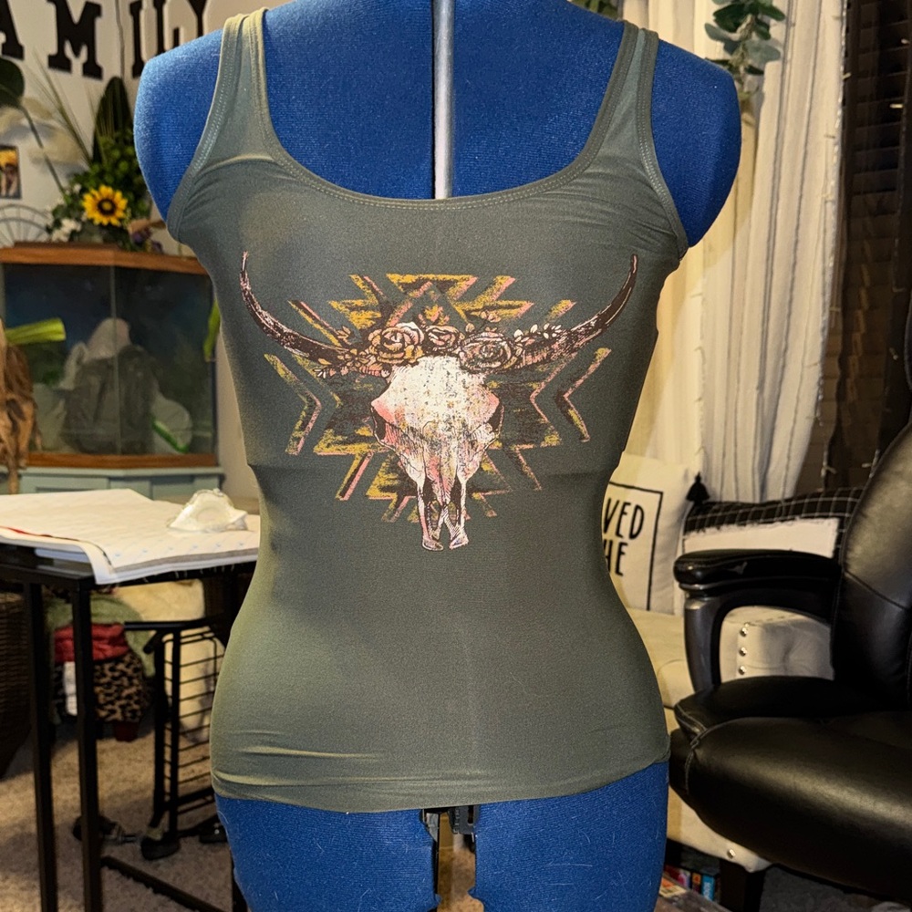 No Boundaries Dark Green Bull Skull Tank Top